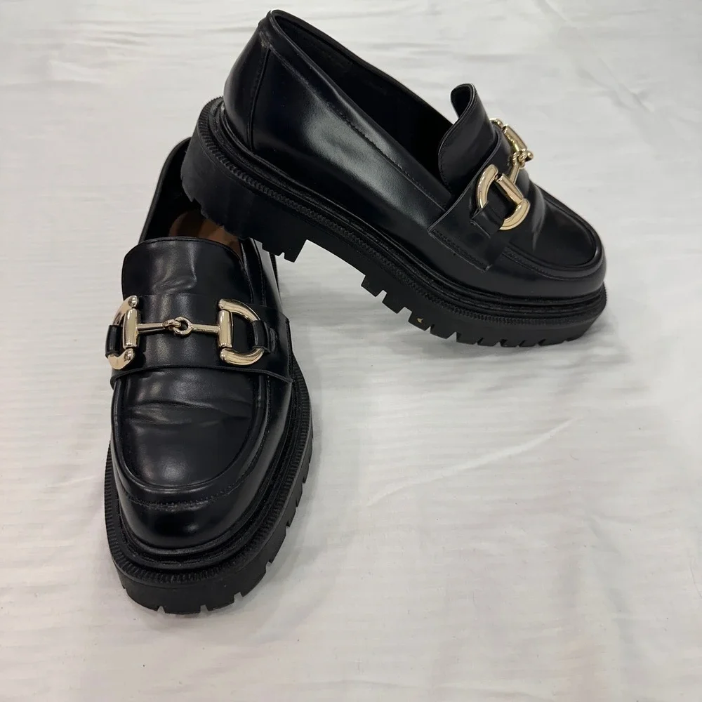 H&M Horsebit Chunky Lug Sole‎ Loafers Womens Size 38 Black Gold Y2K Academia